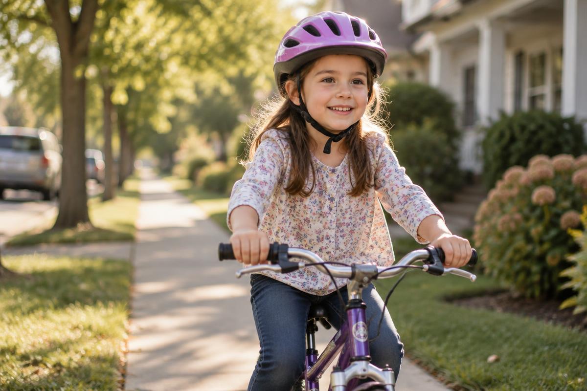 Young child riding a bicycle while wearing a helmet
