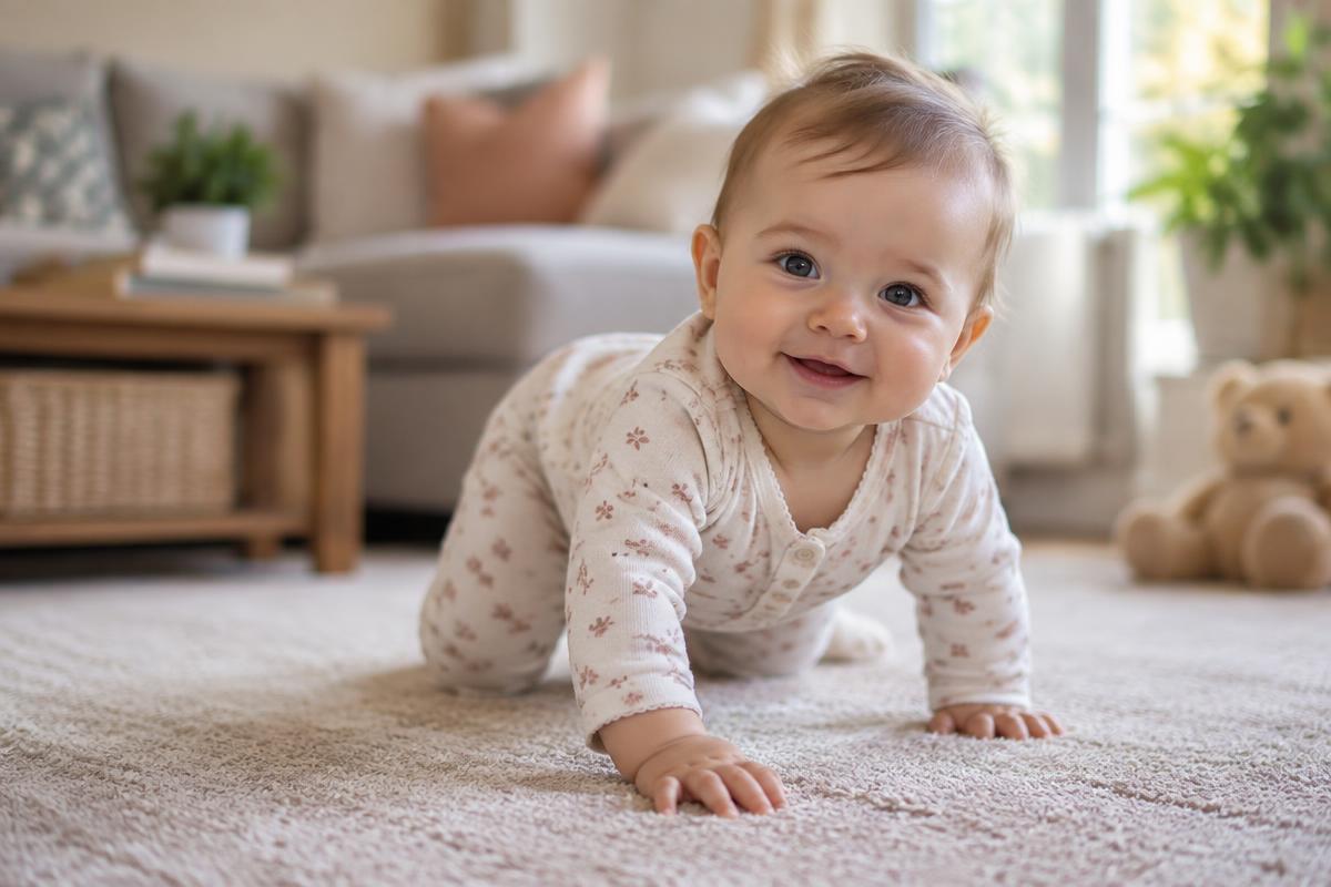 Baby crawling on a carpet in a family living room
