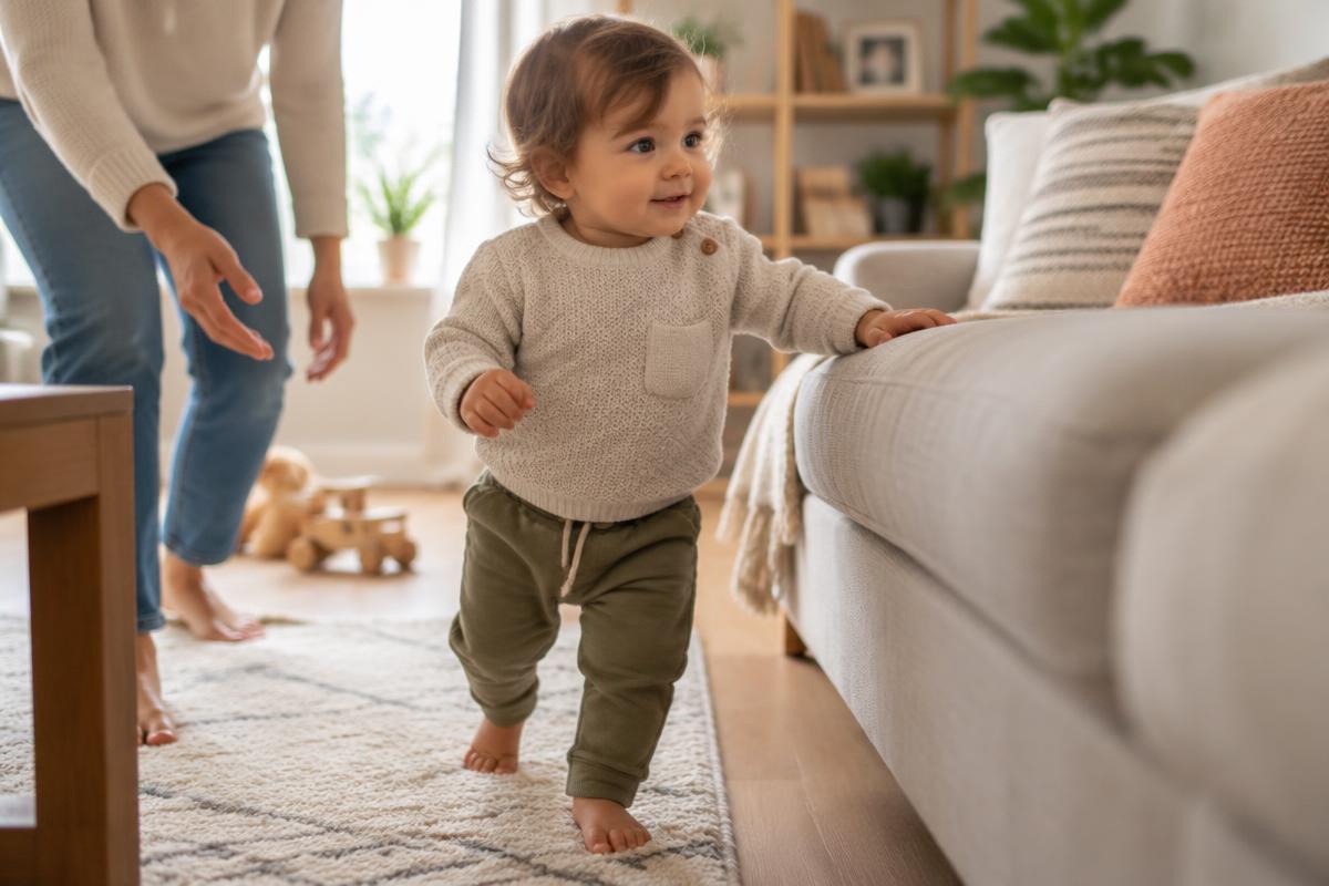 Toddler walking and exploring at home while a caregiver supervises nearby